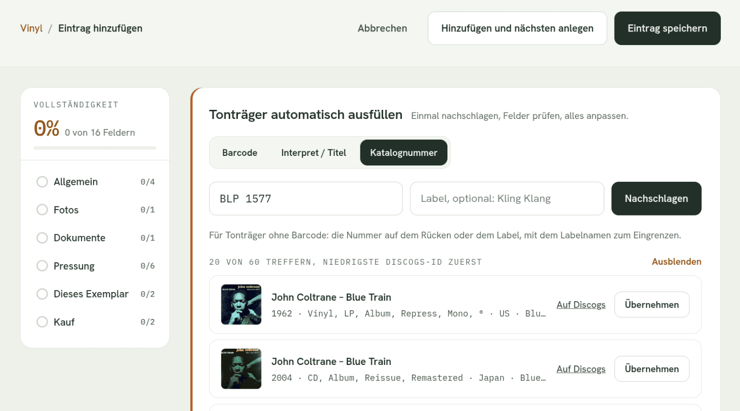 Das Formular für einen neuen Tonträger. Im Autofill-Bereich ist die Katalognummer BLP 1577 eingegeben, darunter stehen die Discogs-Treffer zu Blue Train von John Coltrane, jeweils mit „Übernehmen“.