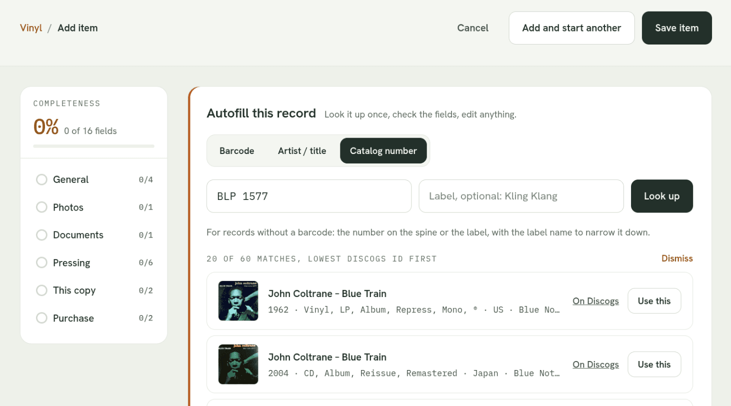 The new item form for a record, with the autofill panel on its catalogue number tab. BLP 1577 is typed in, and the Discogs matches for John Coltrane's Blue Train are listed, each with a Use this button.