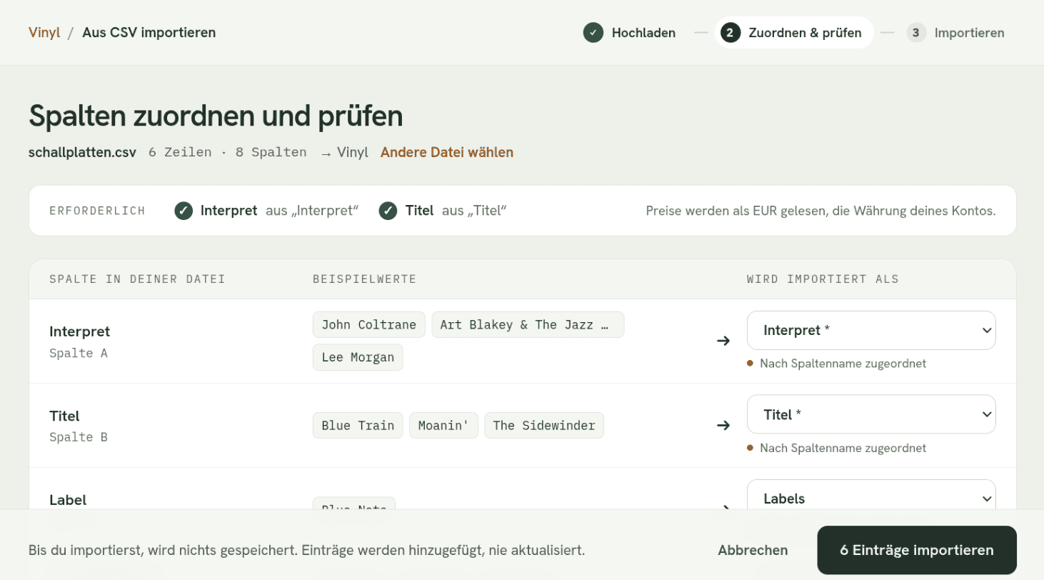 Der zweite Schritt des CSV-Imports: Die Spalten einer Datei mit sechs Zeilen werden den Feldern des Tonträgers zugeordnet, mit Beispielwerten und einer Auswahl unter „Wird importiert als“.