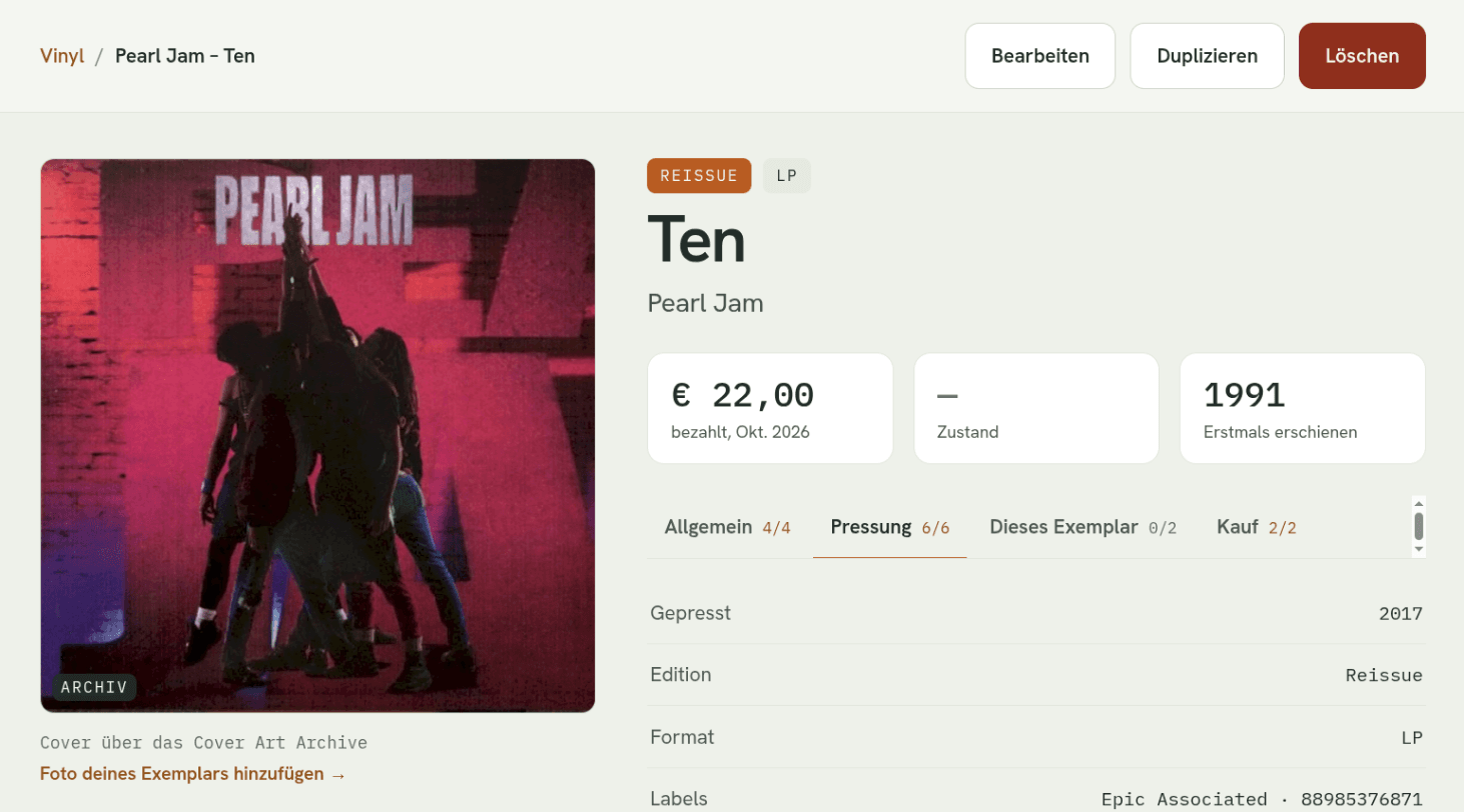 Die Seite von Pearl Jams Ten mit Cover, Kaufpreis und Erscheinungsjahr. Der Reiter Pressung ist offen und zeigt Pressjahr, Edition, Format und Labels.